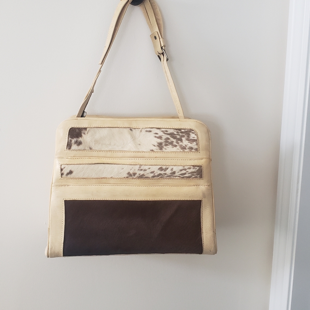 Genuine Leather & Fur Beige and Brown colour Handcrafted Bag